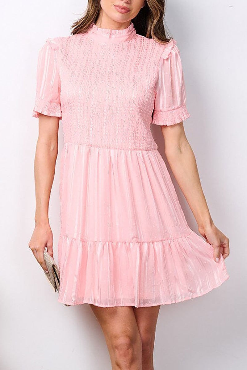 Short sleeve tiered smock swiss shimmer mini dress (EFWT7681)