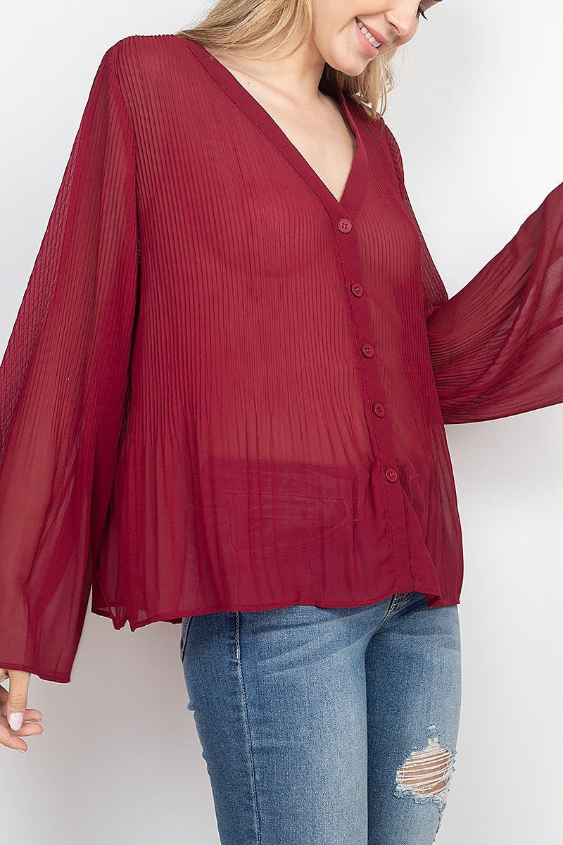 V neck pleated button front sheer top (ED7937-1)