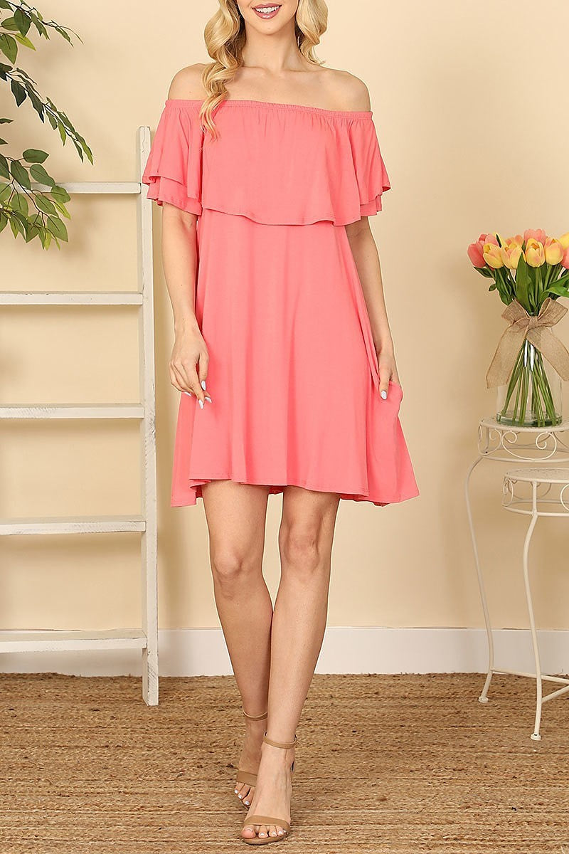 Ruffle off shoulder solid dress (DED9402)