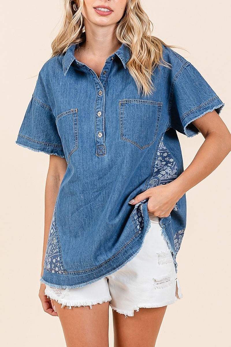 Patchworks detailing button down denim shirt (EDH2340)