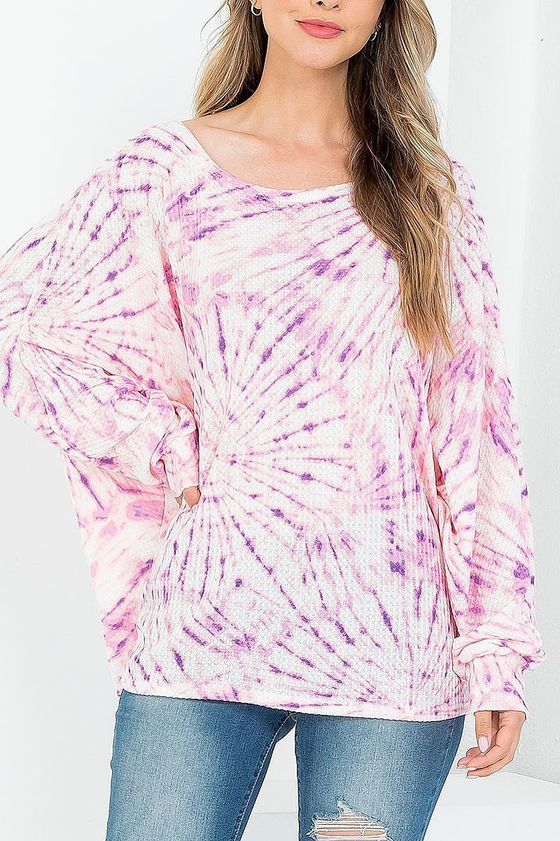 Tie dye off shoulder boat neckline cuffed long sleeve top (EF3643)