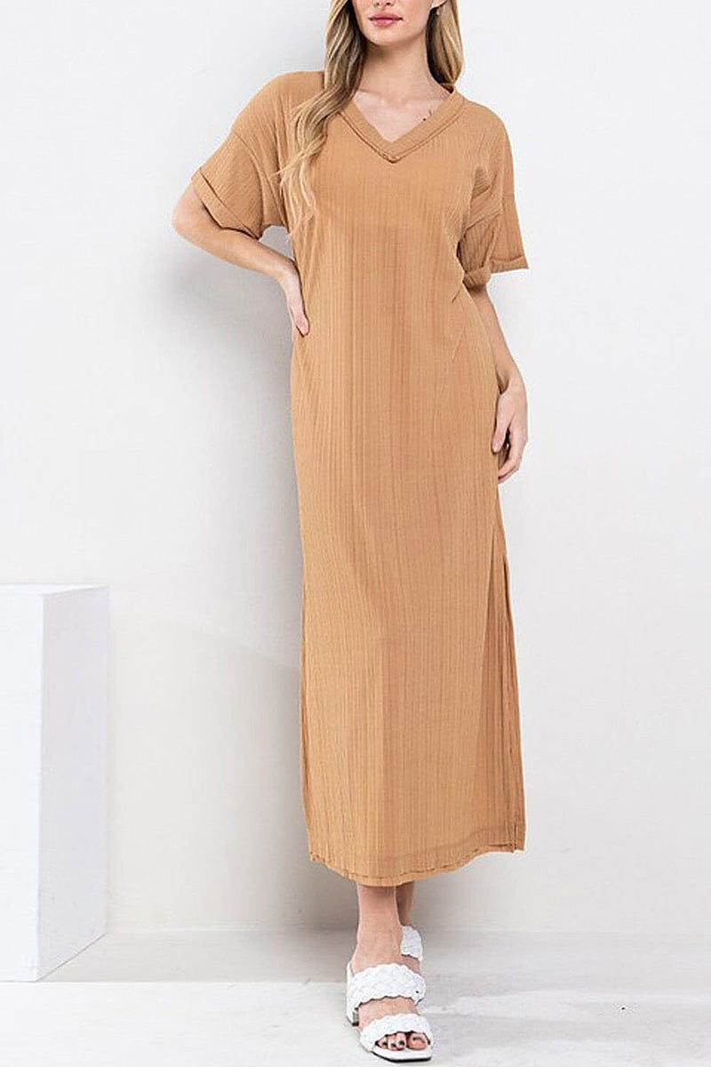 Short sleeve v-neck tunic ribbed maxi dress (EFWT9537)