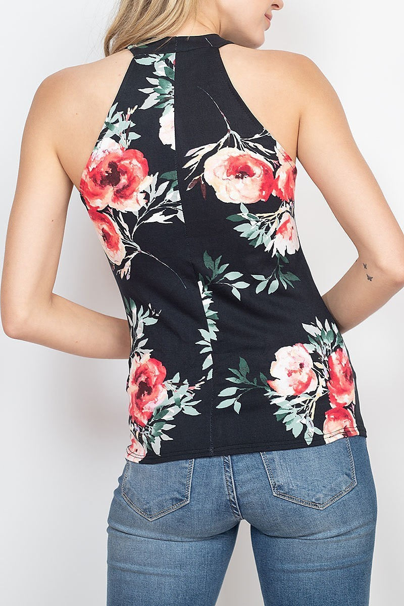 Halter neck key hole detail floral print top (EF1795)