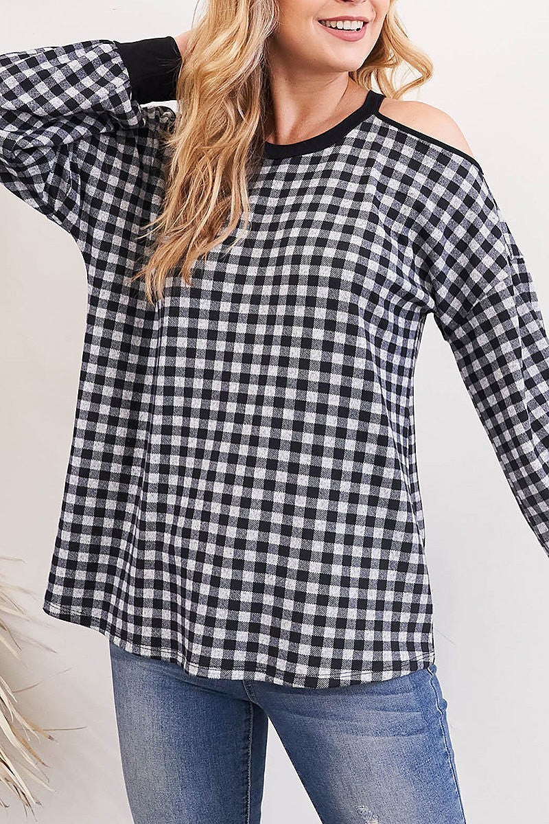 Plaid long sleeve cold shoulder top (EF2757)