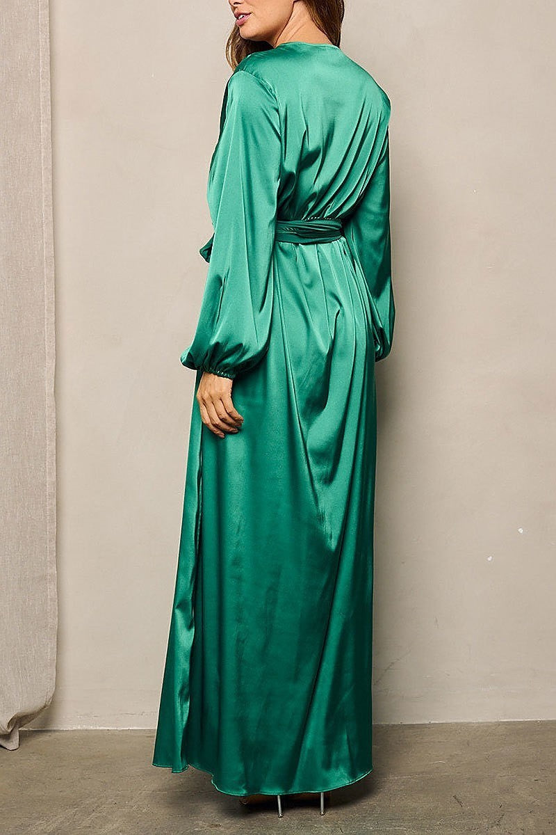 Long sleeves self tie wrap maxi dress (EFWT4384)