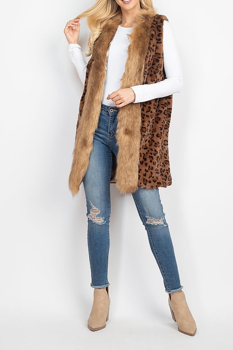 Leopard faux fur trim vest lined (DGS5305)