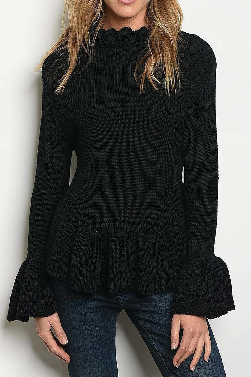 Long bell sleeve ruffled knit peplum sweater (DGS2567-1)