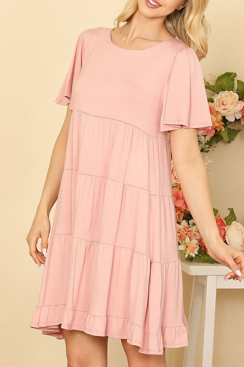 Ruffle short sleeve tiered solid dress (DED9451)