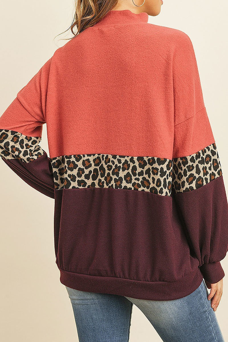 Long sleeve leopard contrast puff sleeve color (DGS4868-LAST)