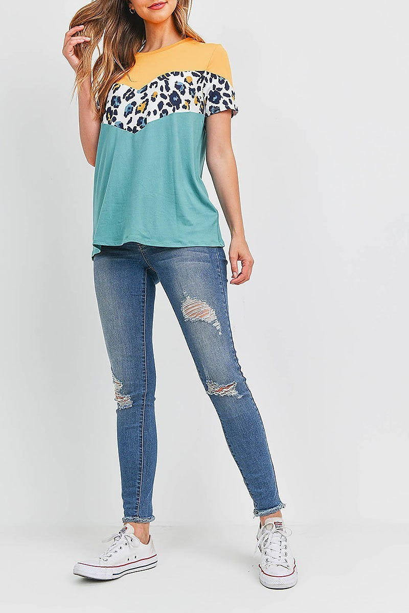 Chevron leopard color block top (EF1855)