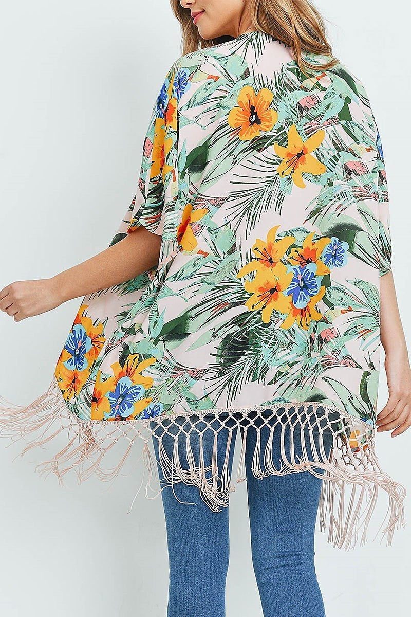 Fringe detail floral print kimono (ED9057)