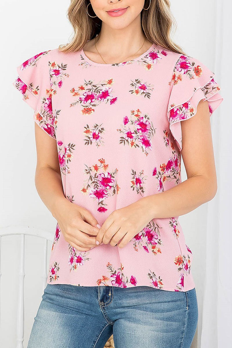 Ruffle sleeve round neck floral blouse (EF4371)