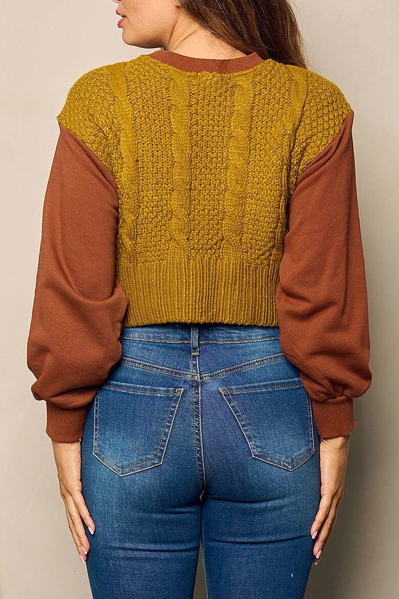 Long sleeve colorblock pullover crop sweater (EFWT4798)