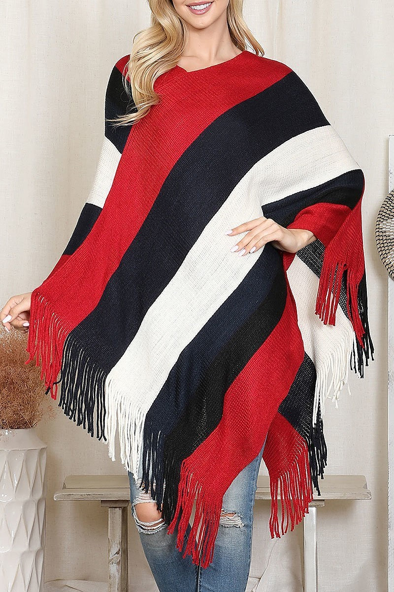 Color block fringe sweater poncho (DGS6331)