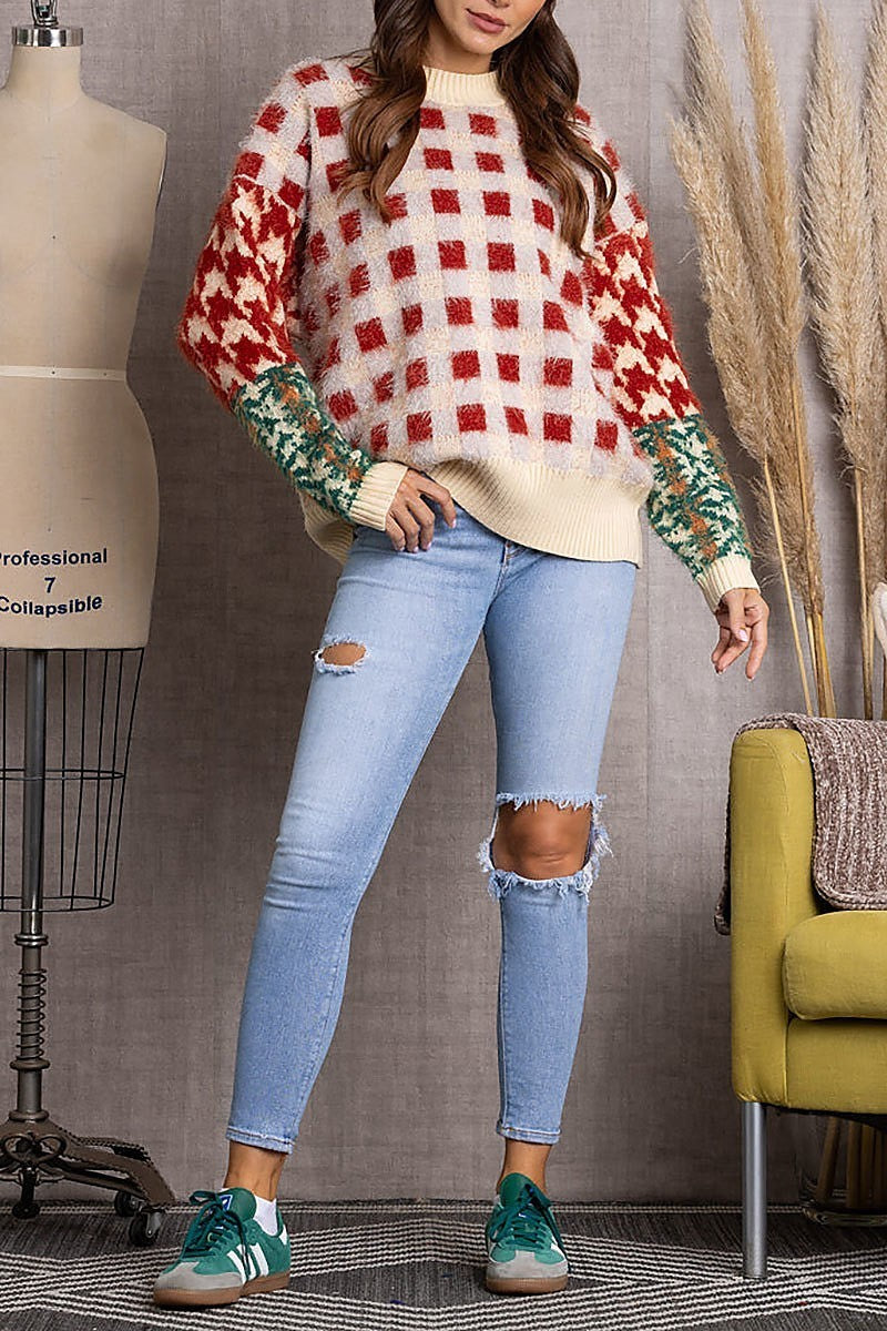 Fuzzy plaid wrap sweater (EDSW3634)