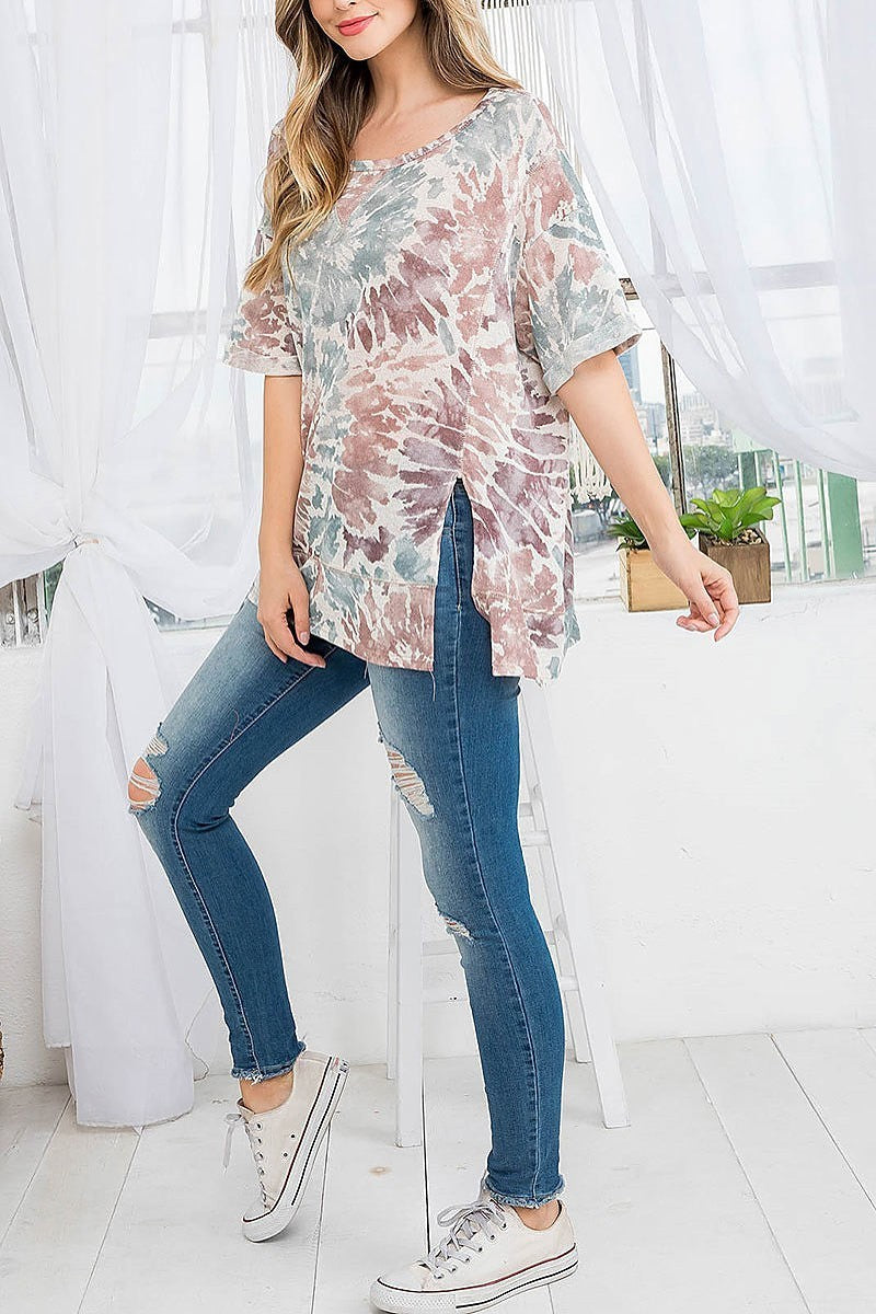 Tie dye round neck front slit cuffed sleeve top (EF3085)