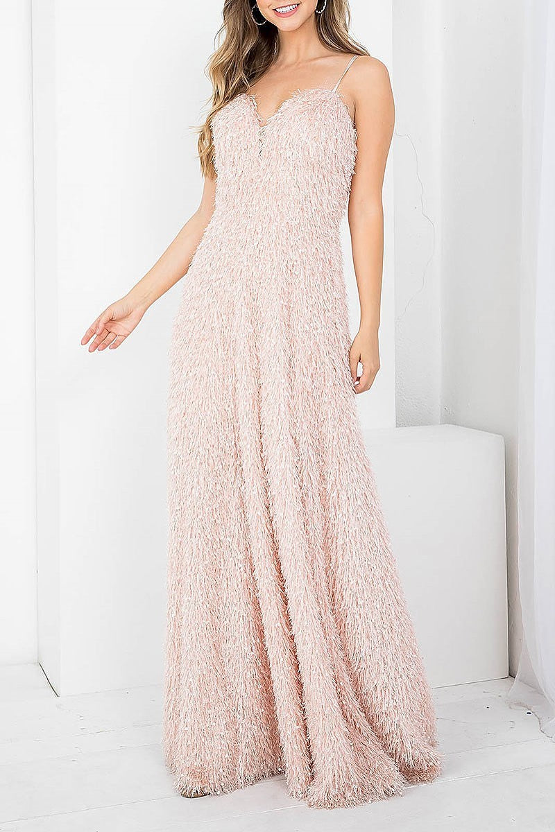 Sweetheart neck furry maxi dress (DED7484)