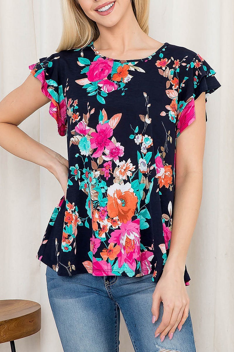 Ruffle sleeve round neck floral top (EF3034)