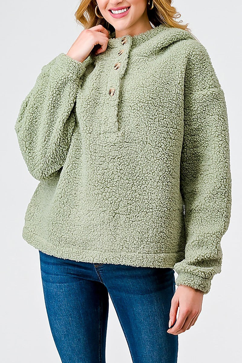 Teddy knit button up pocket detail hooded sweater (TED2023)