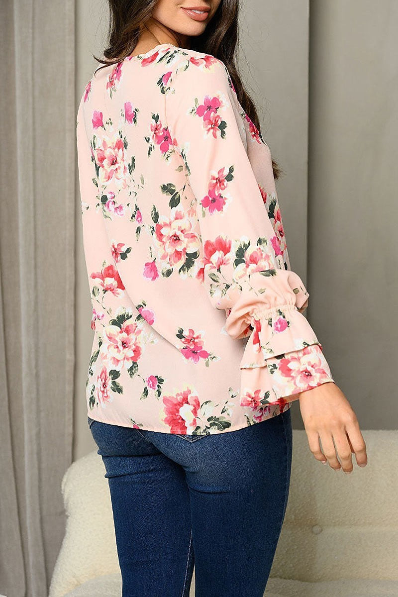 Long bell sleeve ruffle floral tunic top (EDWT6881)