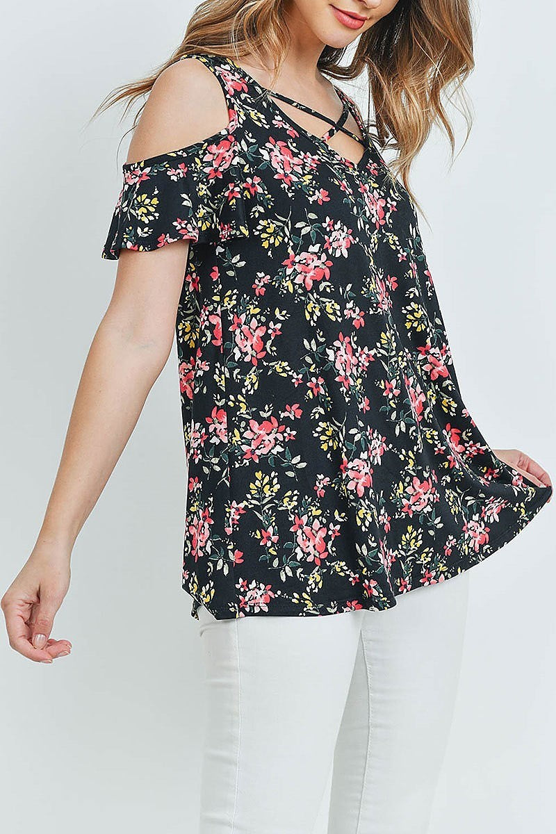 Floral cold shoulder crisscross neckline top (ED8831)