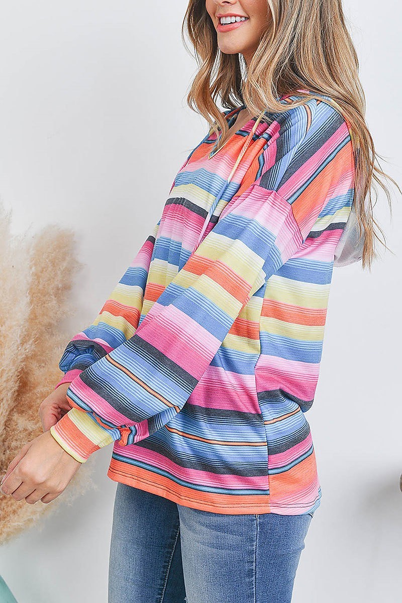 Multi stripe loose fit hoodie top (EF2357)