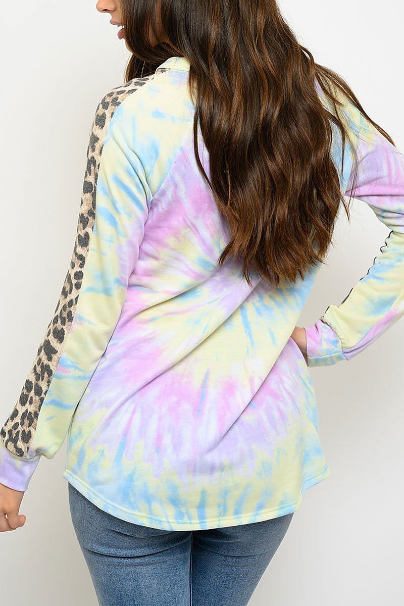 Contrast animal print tie dye long sleeve top (EDWT3071)