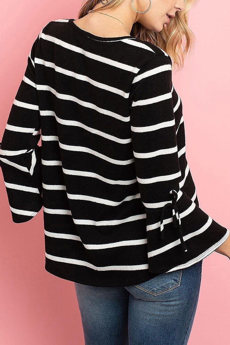 Bell sleeve ribbon detail stripe round hem top (ED8169)