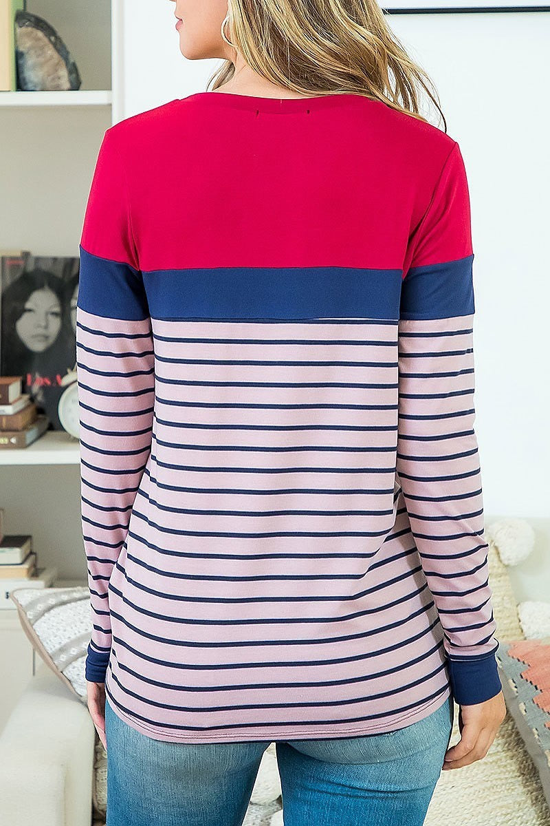 Long sleeve stripes contrast top (EF4714)