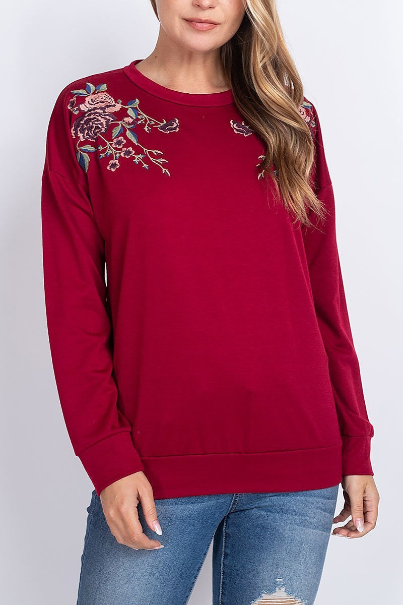 Floral embroidered detail round neck top (EF1893)