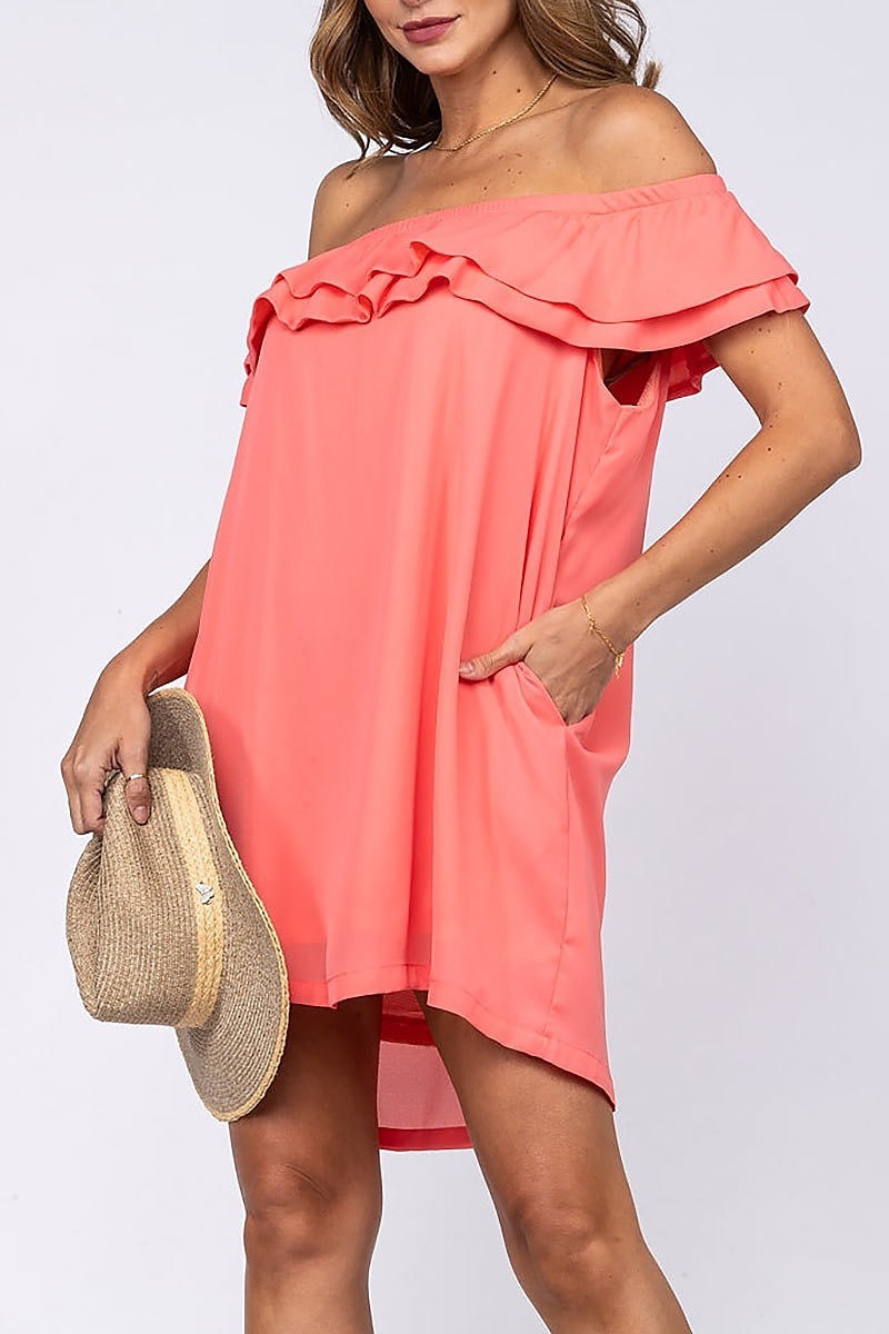 Ruffle off shoulders woven mini dress (EDSW2981)