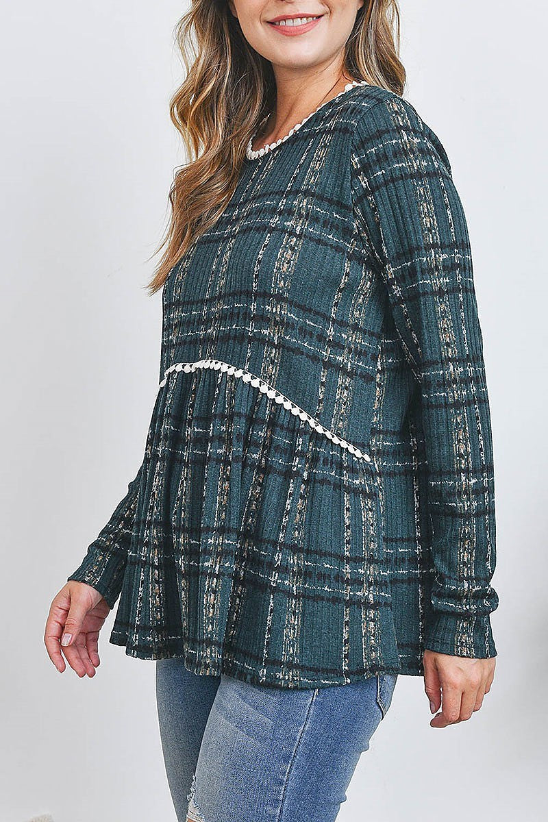 Pompom detail long sleeve plaid top (EF2409)