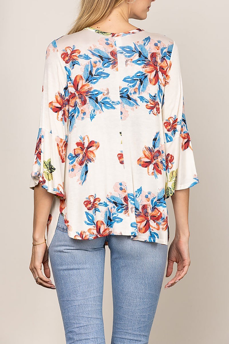 Round keyhole floral print bell 3/4 sleeves top (EDSW4285)