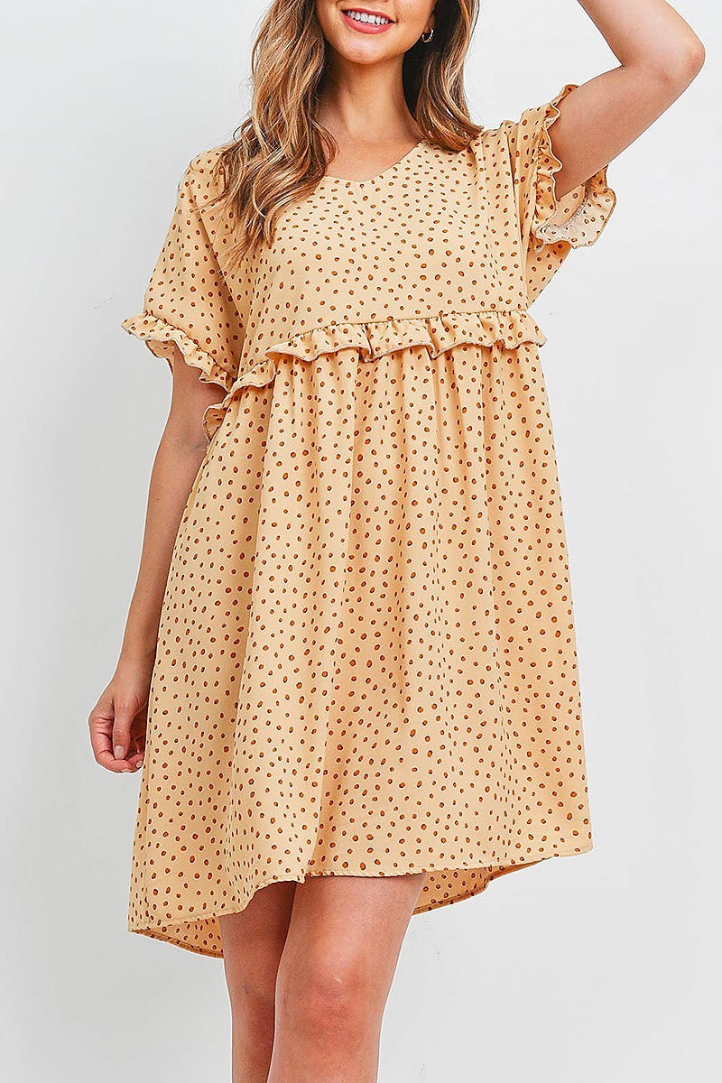 Ruffle detail baby doll dotted print dress (DED6505)