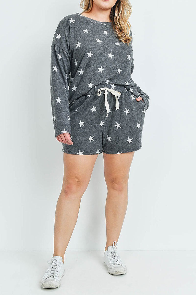 Long sleeves top and short plus size set star print with self tie (XDG7032)