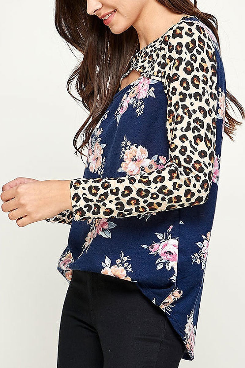 Animal floral pritn cutout front color block top (EF2381)