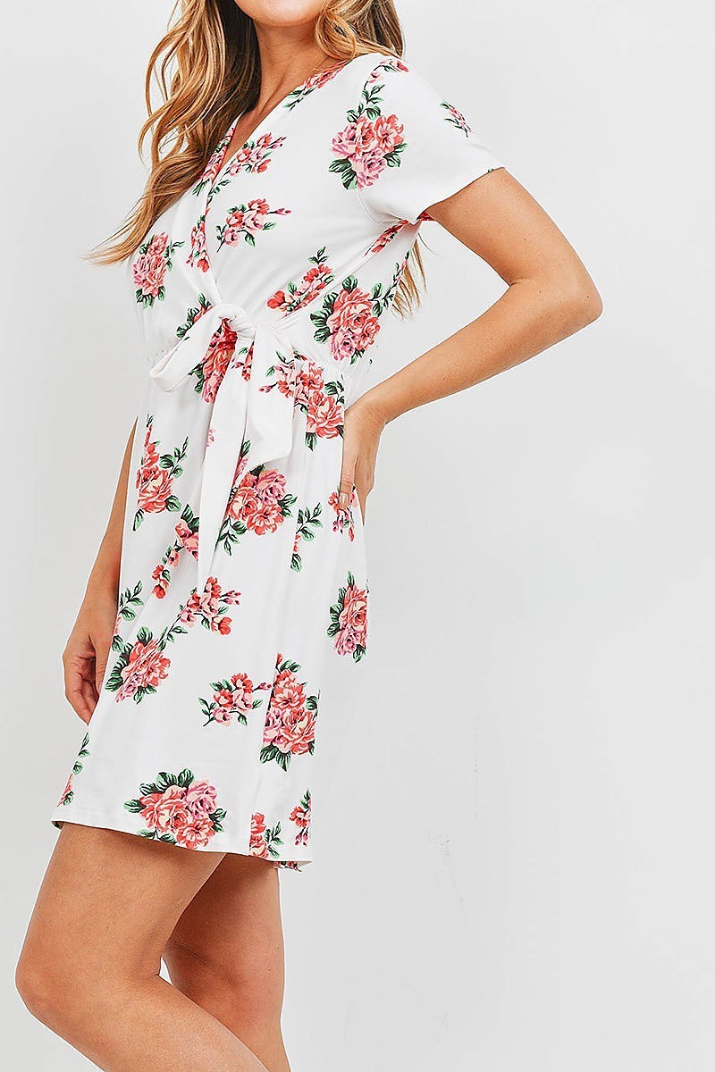 Floral print tie wrap midi dress (DED6393)