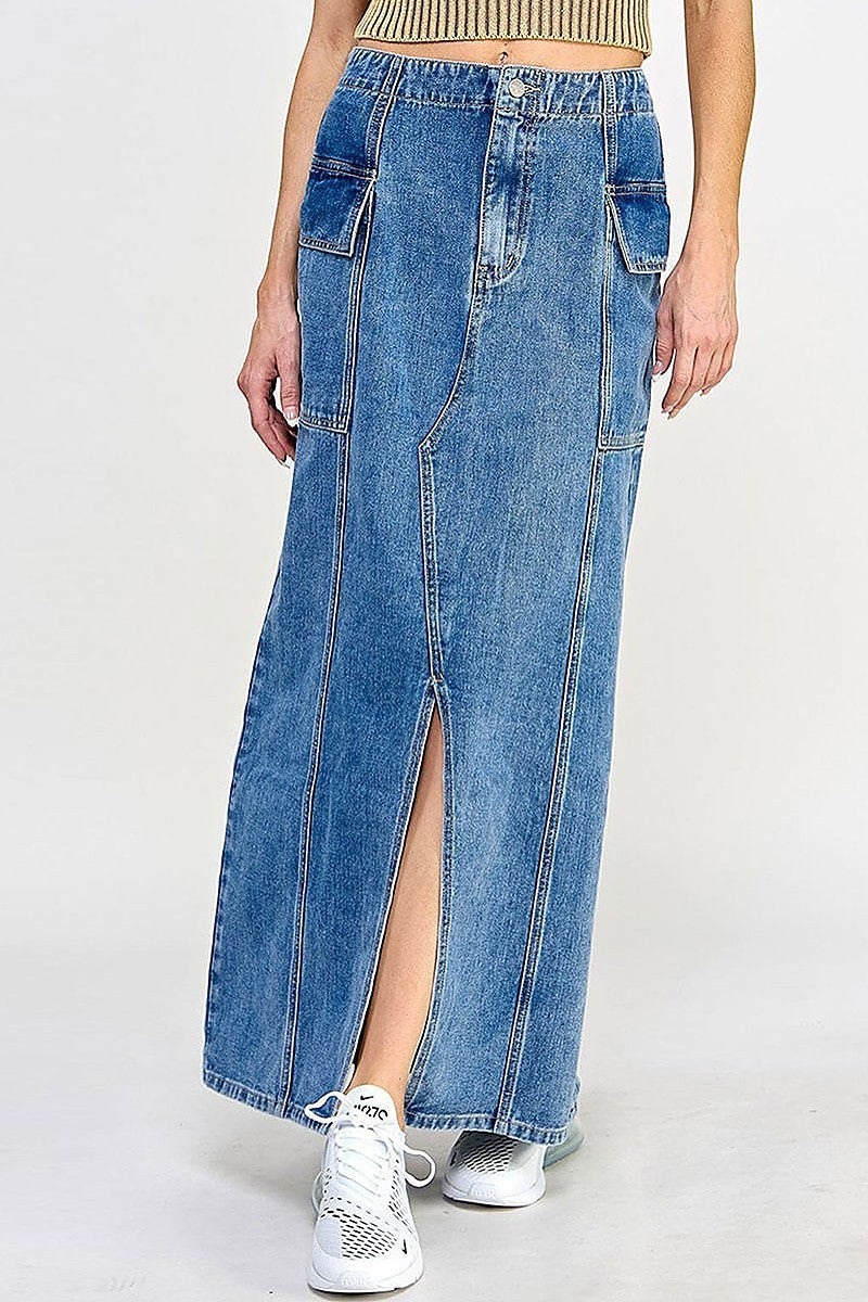 Button closure pockets front slit denim maxi skirt (EGWT2561)