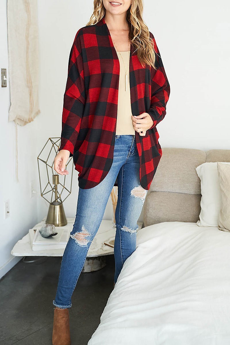 Long sleeve plaid open front cardigan (EF2374-1)