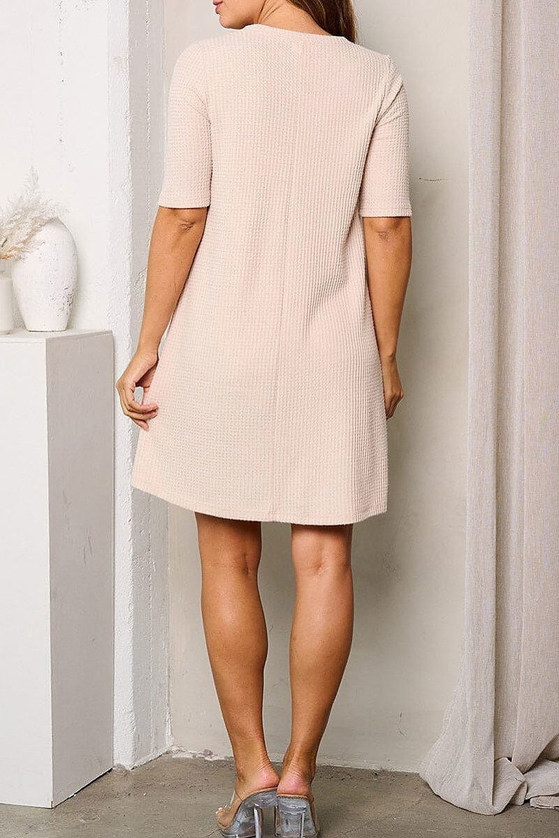 Short sleeve waffle tunic mini dress (EFWT3818)