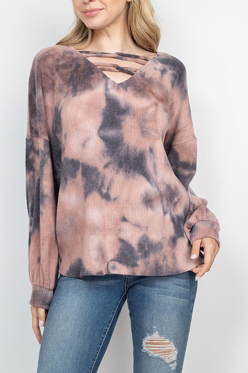 V neck chain strap long sleeve rib tie dye (EF2004)