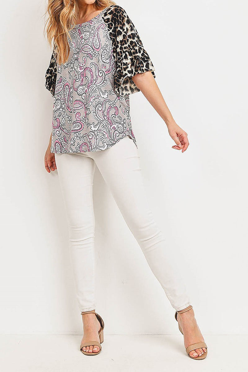 Boat neck animal paisley print color block top (ED8922)