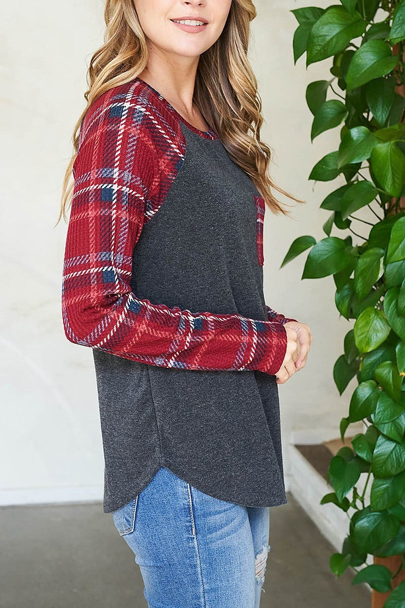 Plaid pocket and sleeves loop terry top (EF2732)