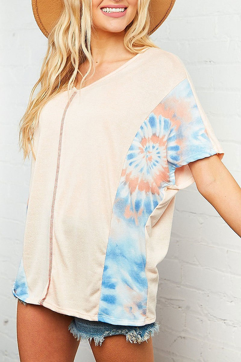 Multi tie dye color block out seam blouse (EDBM4543)