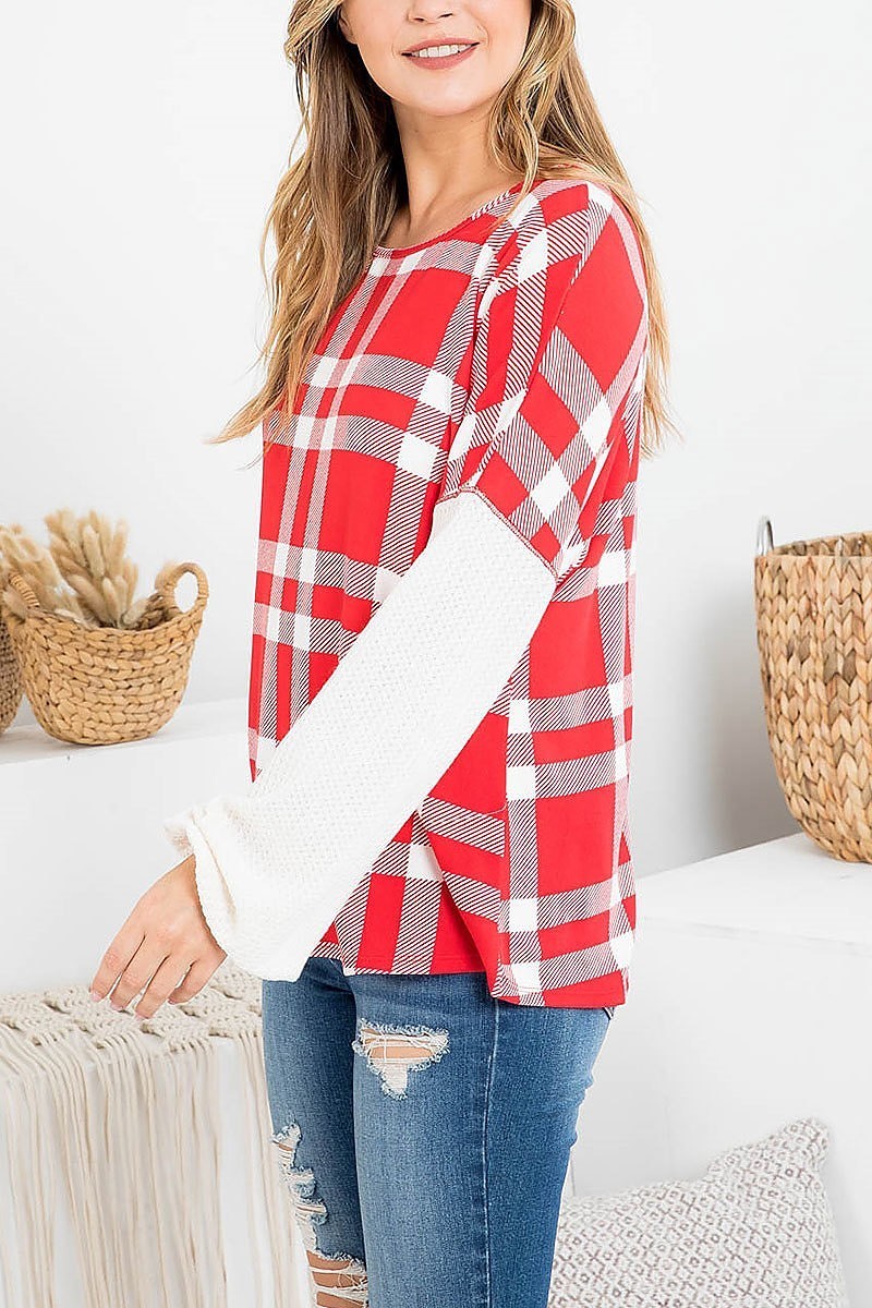 Knit elastic band long sleeve plaid top (EF2643)