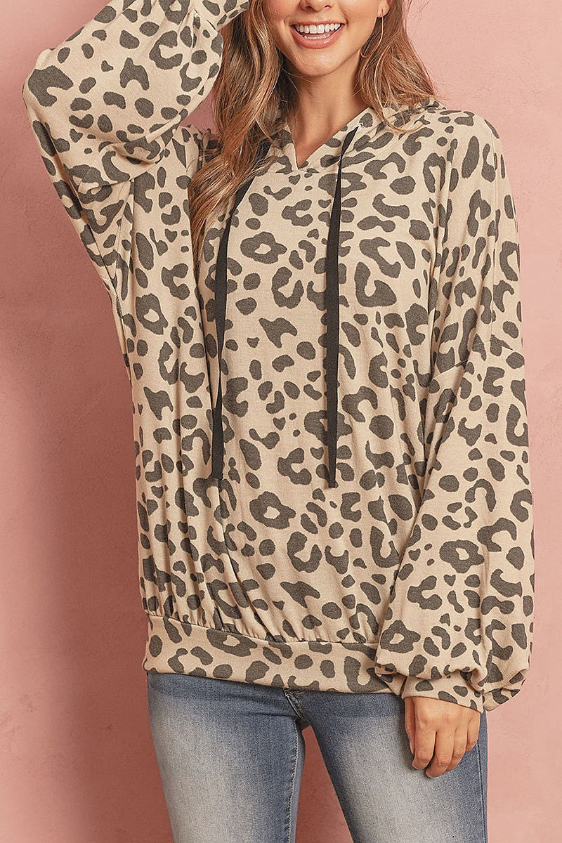 Leopard puff sleeved self tie hoodie (ED8129-31)