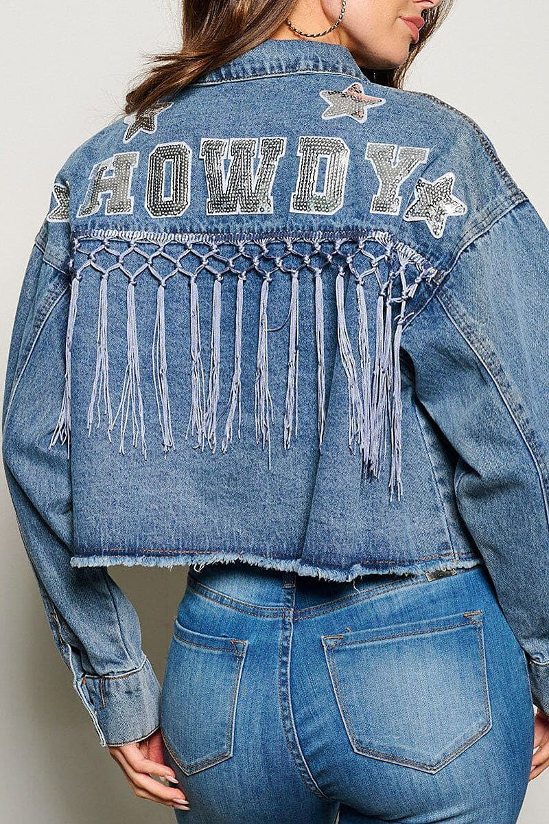 Button closure fringe howdy pockets denim jacket (EGWT1416)