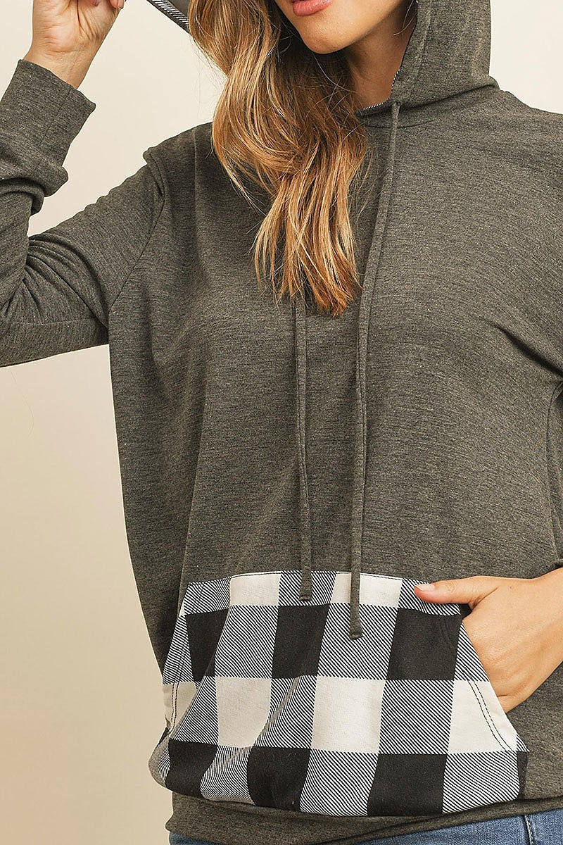 Plaid pocket contrast hoodie with drawstrings (ED8226-1)