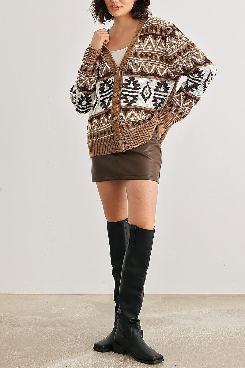 Fair isle knit vbutton up cardigan sweater (TED2035)