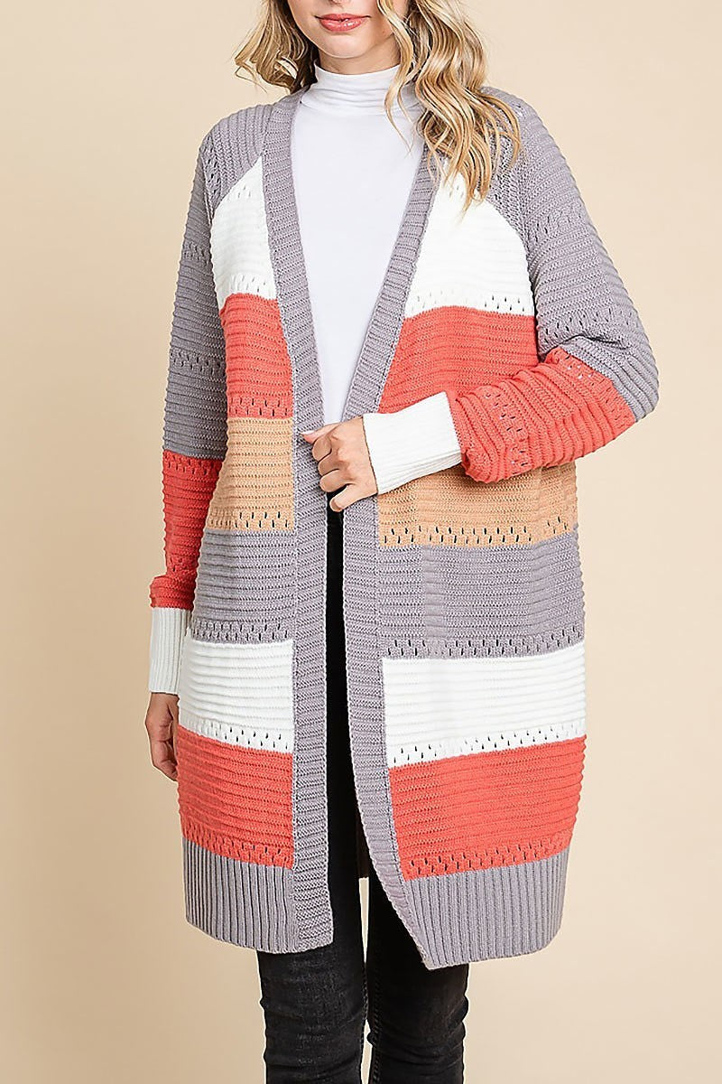 Color block open knit cardigan (EDH1814)